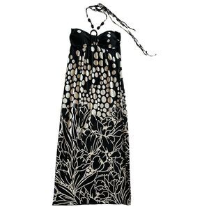 Carole Little Black & White Floral Print Maxi Beaded Halter Dress Sz 4 2000s Y2K